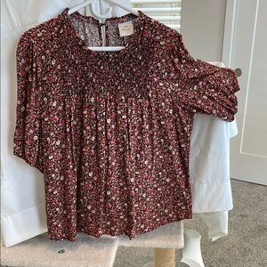Knox Rose Red and Orange Smocked Blouse 3/4 Sleeve